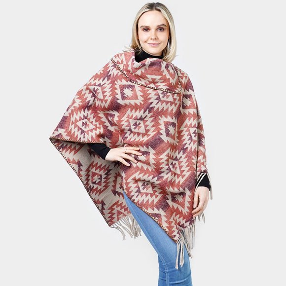 Western Pattern Tassel Poncho - Picture 1 of 2